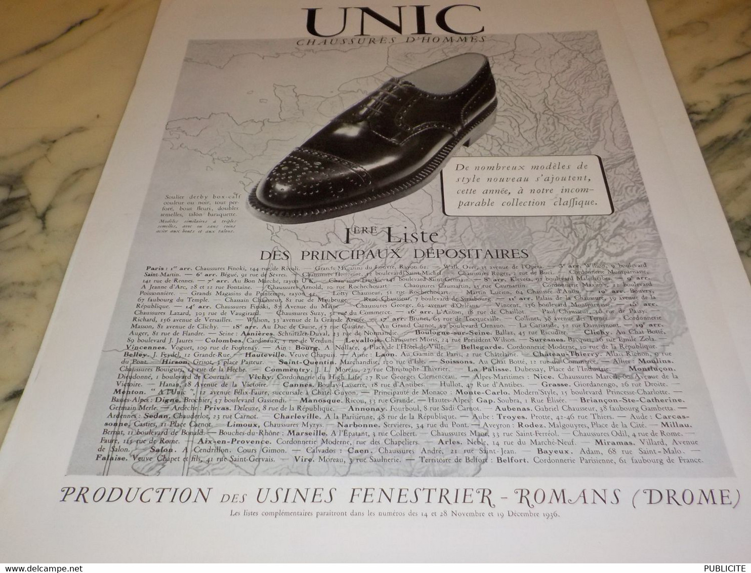 ANCIENNE PUBLICITE DEPOSITAIRE CHAUSSURE HOMME  UNIC 1936 - 1900-1940