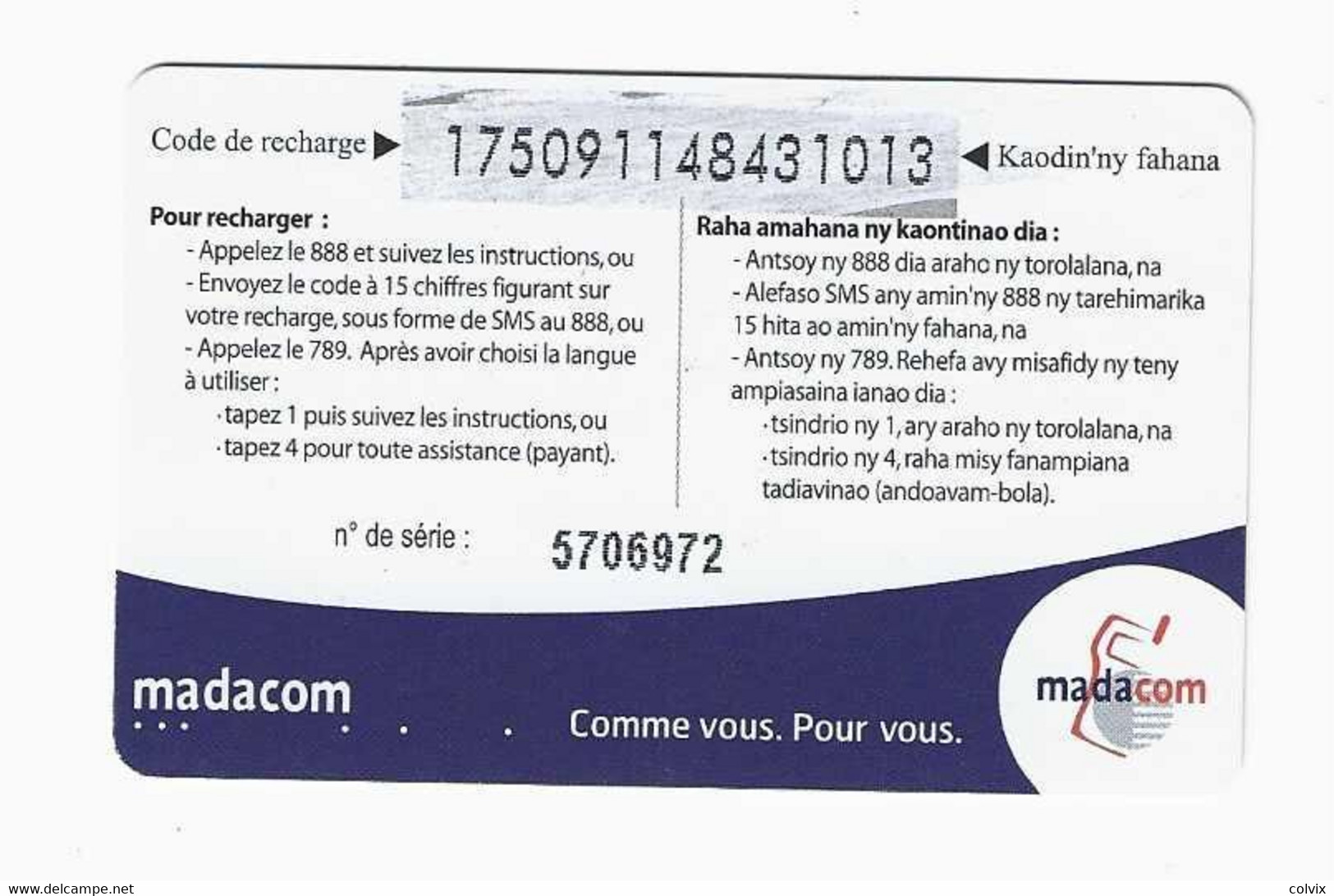 MADAGASCAR RECHARGE MADACOM SOA 150 000 FMG - Madagascar