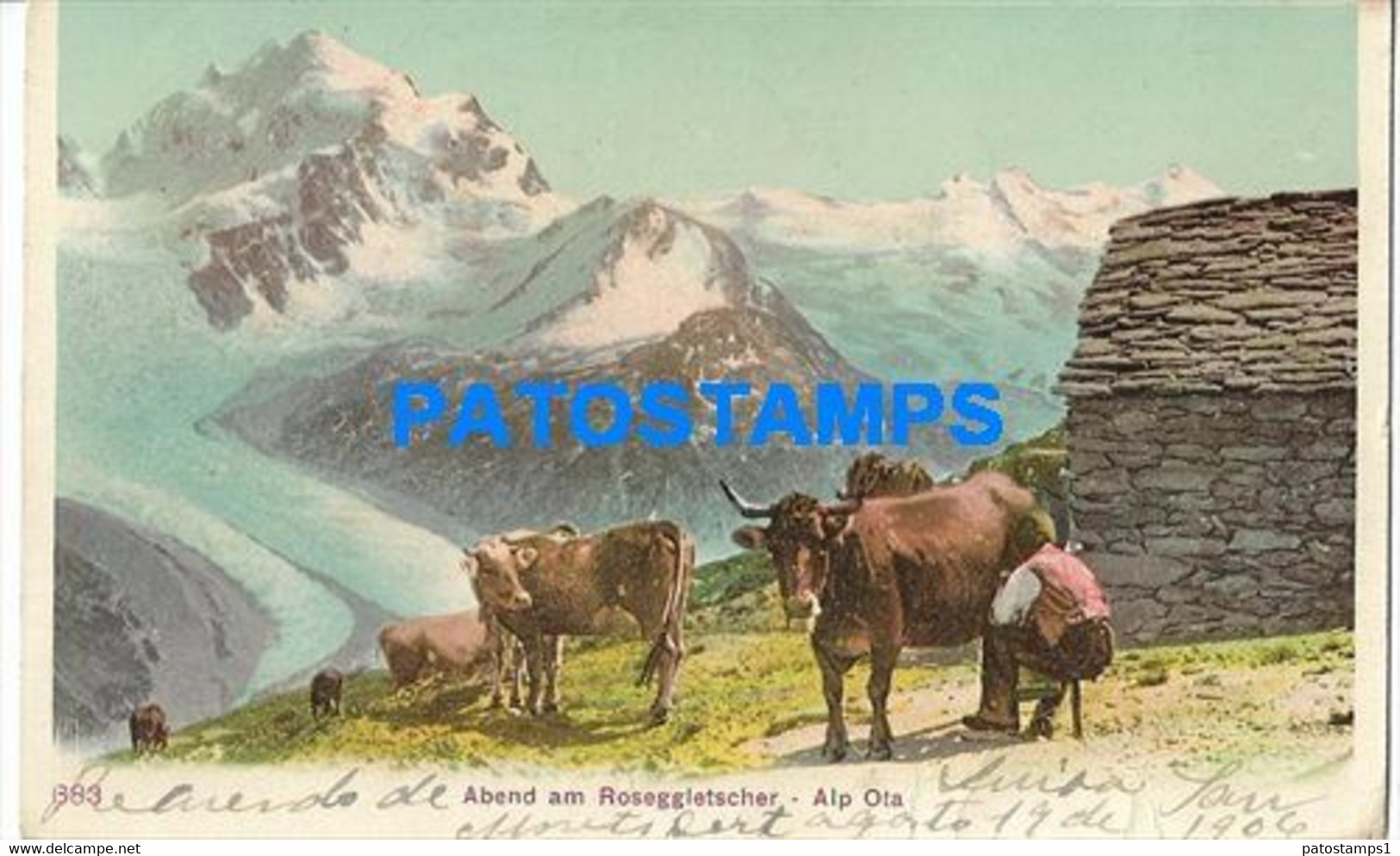 174525 SWITZERLAND ALP OTA EVENING ON THE ROSEGGLETSCHER COSTUMES MAN WITH COW POSTAL POSTCARD - Egg