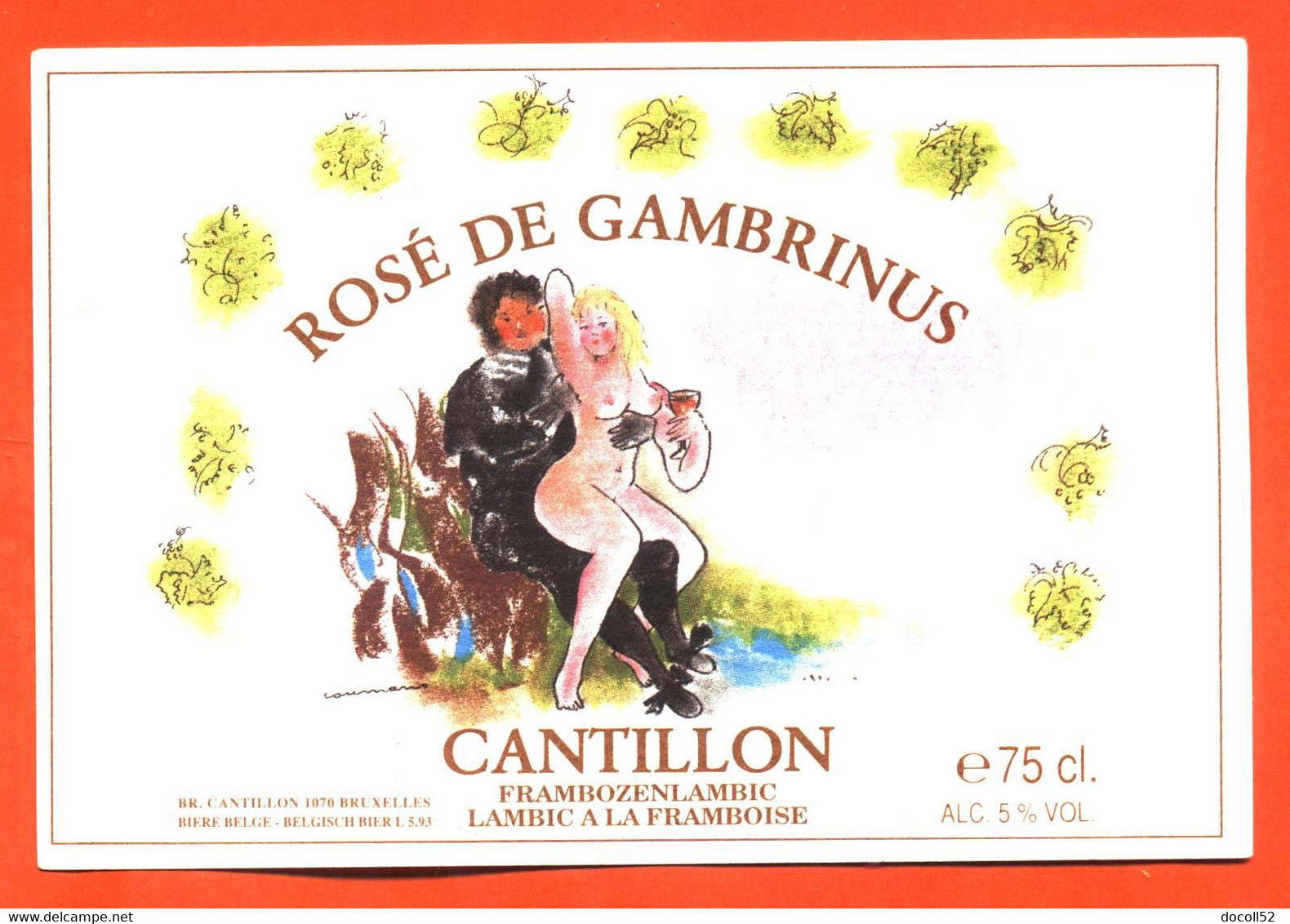 étiquette De Vin Rosé De Gambrinus Cantillon Bière Belge à Bruxelles - 75 Cl - Illustrée Pin-up - Vino Rosato