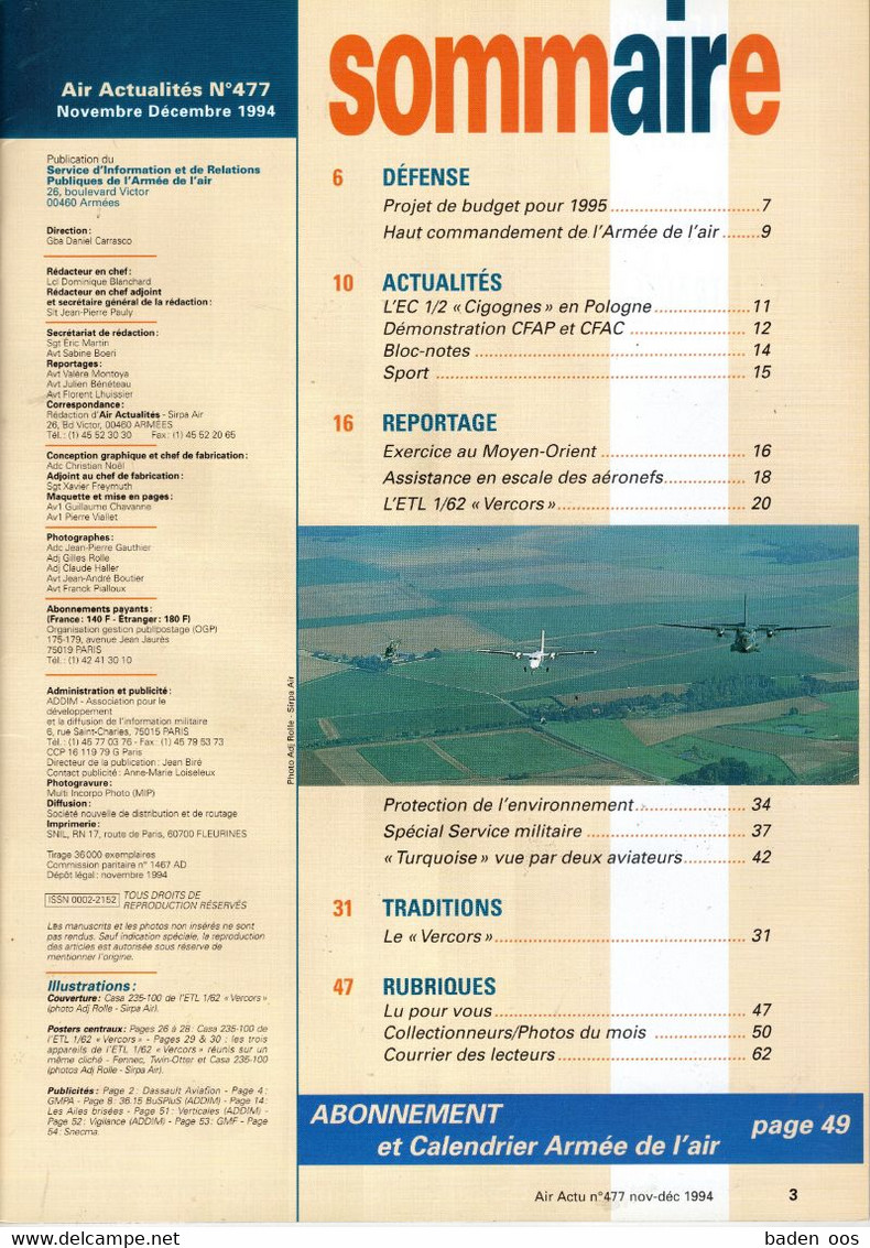 Air Actualités Décembre 1994 N°477 ETL 1/62 Vercors - French