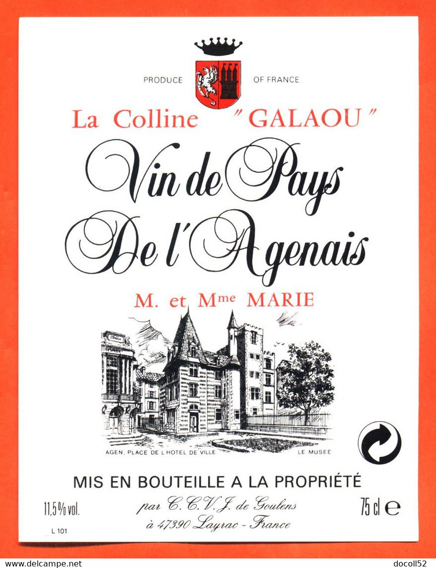 étiquette De Vin De Pays De L'agenais La Colline Galaou - Marie à Layrac - 75 Cl - Vin De Pays D'Oc