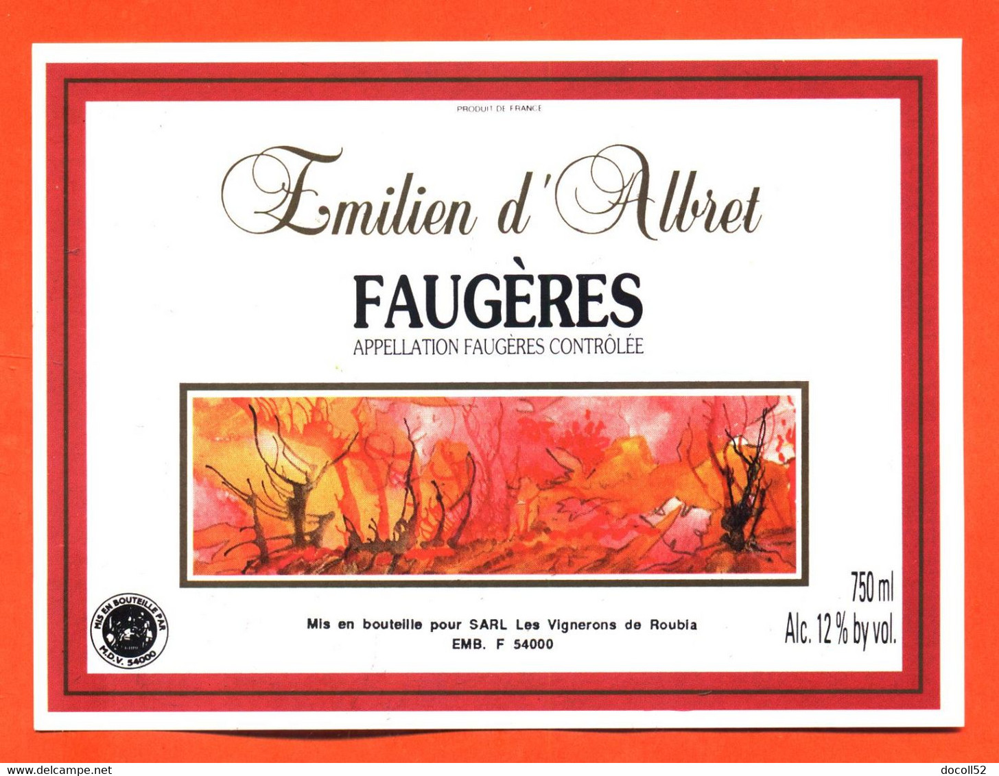 étiquette De Vin De Faugères émilien D'albret  - 75 Cl - Vin De Pays D'Oc