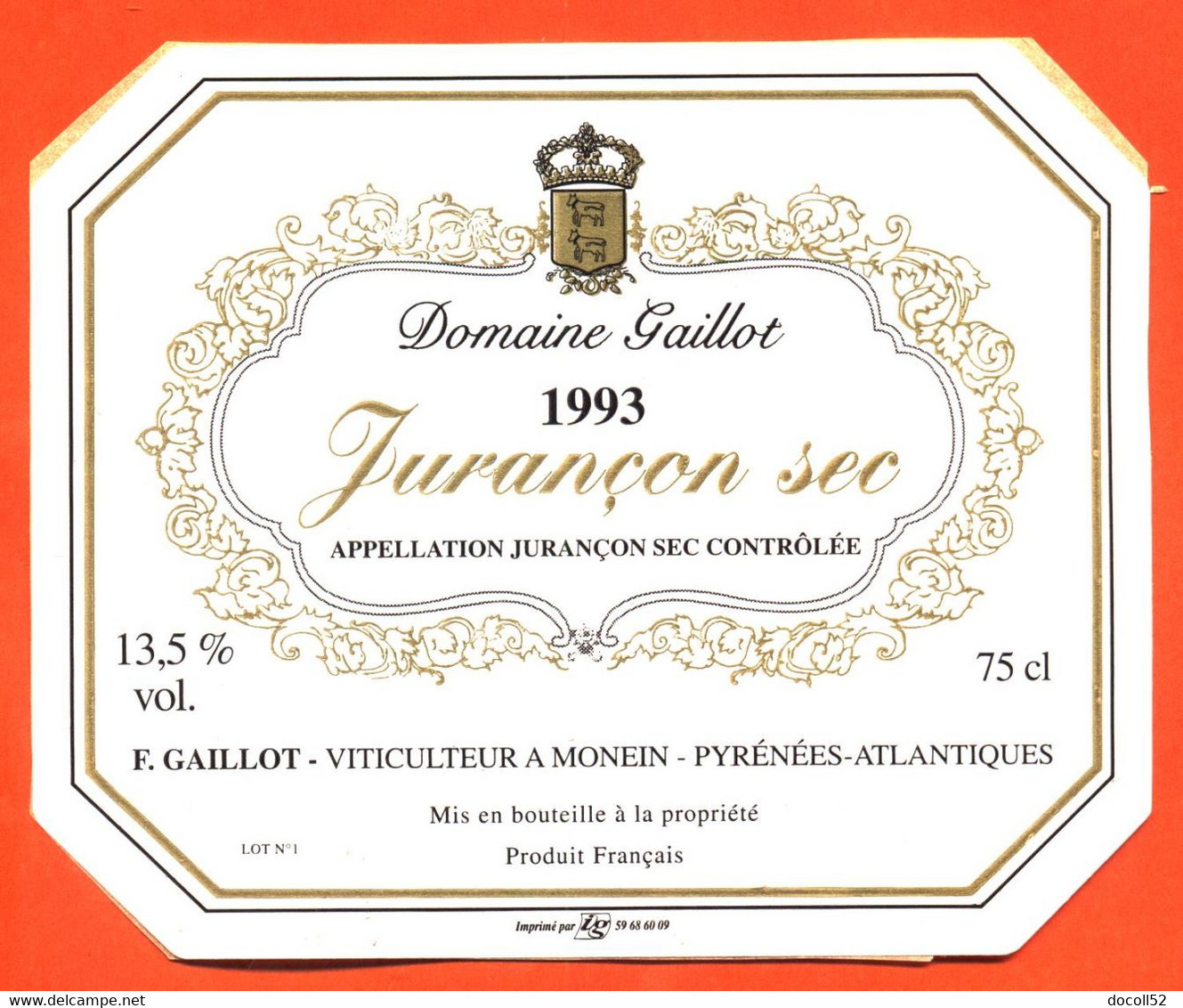 étiquette Autocollante De Vin Jurançon Sec 1993 Domaine Gaillot à Monein - 75 Cl - Vin De Pays D'Oc