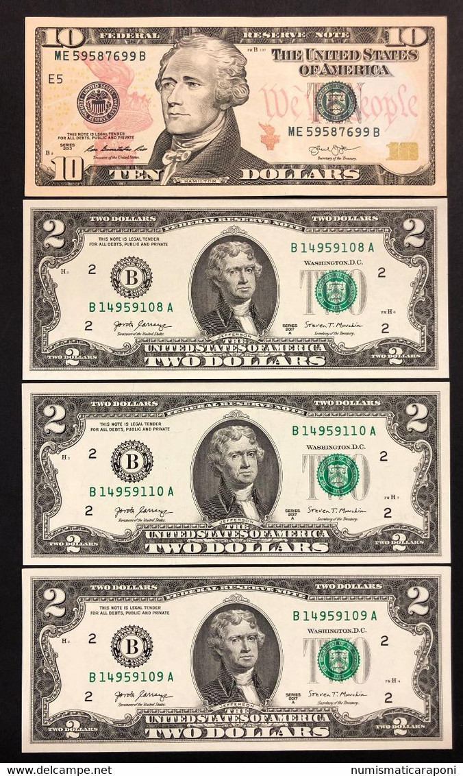 Usa Stati Uniti 10 $ 2013 + 3 X 2 $ Consecutivi 2017 LOTTO 1598 - Billetes De La Reserva Federal (1928-...)