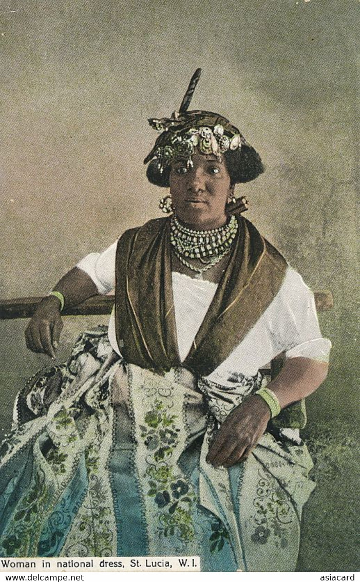 Woman In National Dress St. Lucia W.I.  Hand Colored . Envoi à Sage Femme à Langonnet Madame Mélédo - Grenada