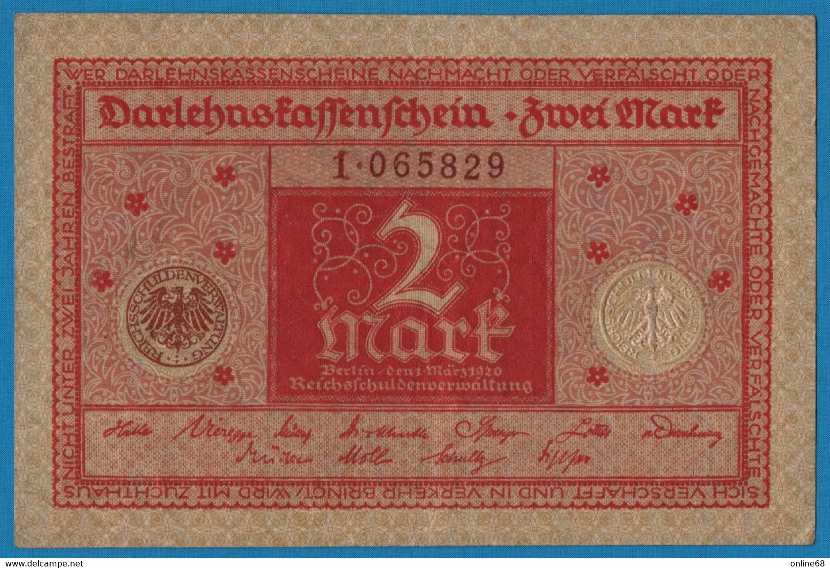 DEUTSCHES REICH 2 MARK 01.03.1920  # 1.065829 P# 59  DARLEHENSKASSENSCHEIN - Bestuur Voor Schulden