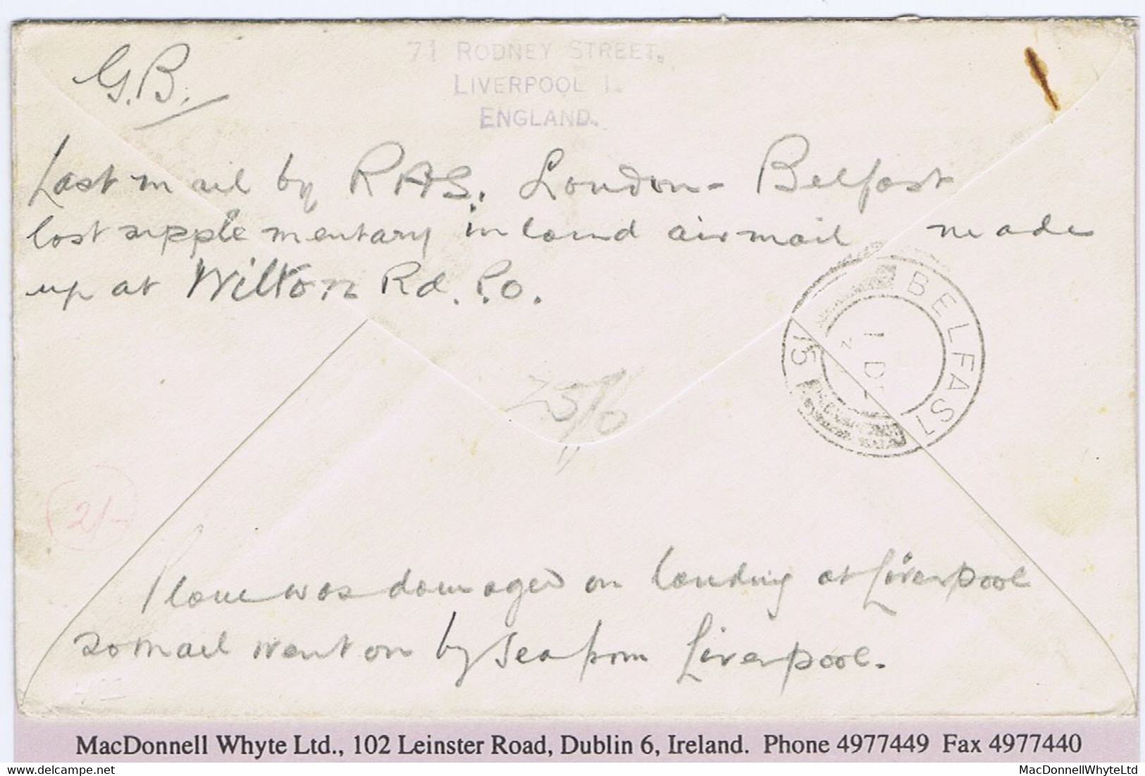 Ireland Airmail 1934 RAS Last Flight Cover London 30 NO 34 To Belfast, Davis Cover, Plane Damaged At Liverpool - Posta Aerea