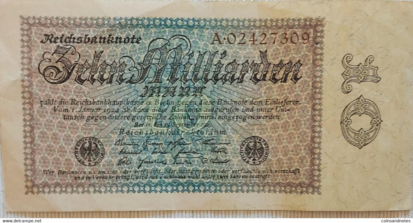 Germany 1923 - 10 Milliarden Mark ‘Reichsbanknote’ - No A.02427309 - P# 116a - VVF - 10 Mrd. Mark