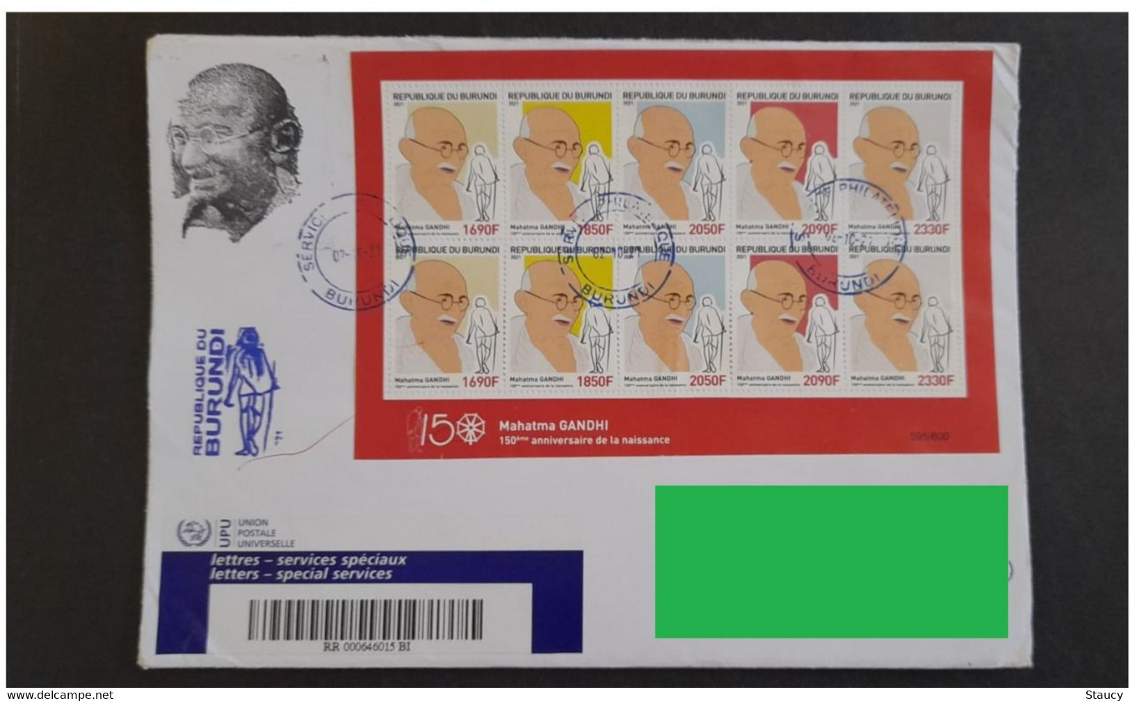 BURUNDI 2nt.Oct'2021 RED Sheetlet On 150th Birth Of Mahatma Gandhi Franked REGISTERED Cover Travelled To India - Gebraucht
