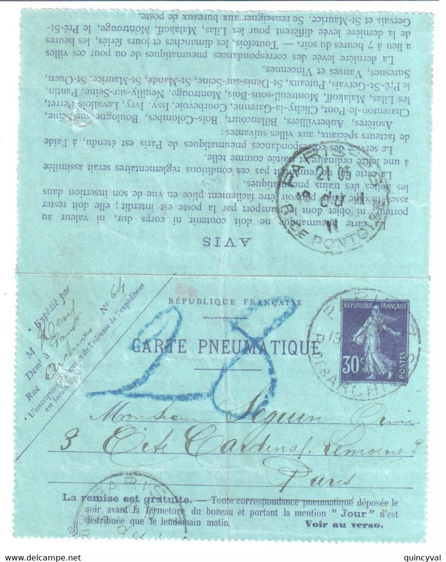 PARIS 7 Rue Des Archives Carte Lettre Entier Pneumatique 023 Date Oblique 30c Semeuse Storch K3 Yv CLPP4 - Pneumatische Post