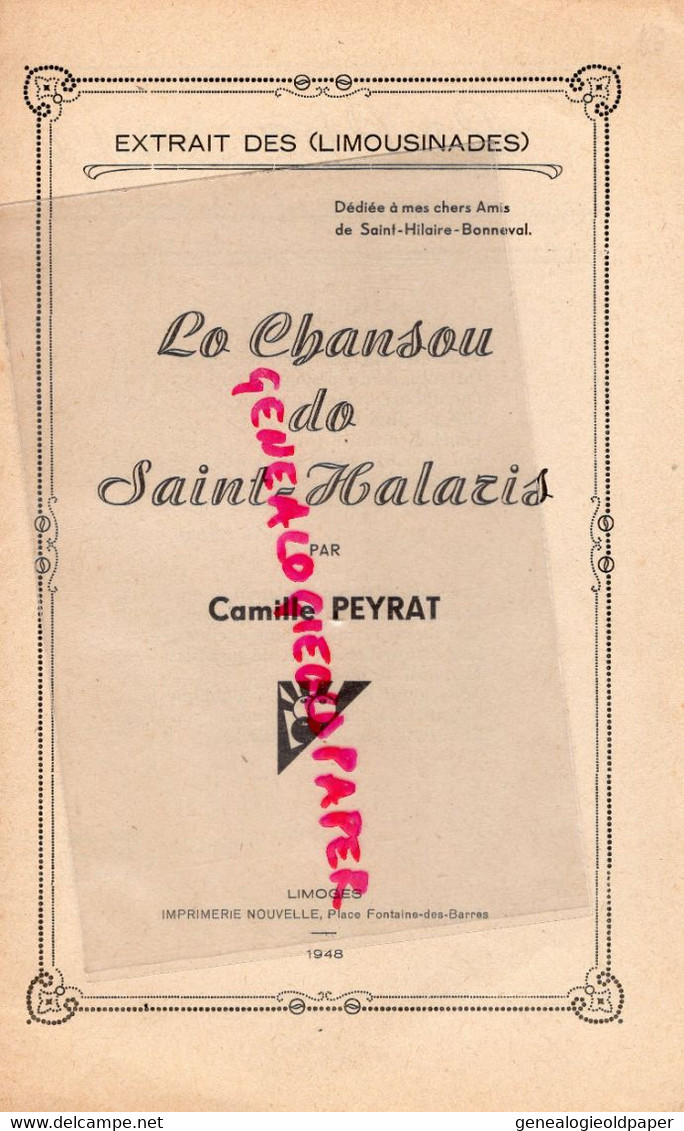 87- ST SAINT HILAIRE BONNEVAL-LIMOGES- CHANSON LO CHANSOU DO SAINT HALARIS-CAMILLE PEYRAT-LIMOUSINADES-1948-FROU FROU - Partitions Musicales Anciennes