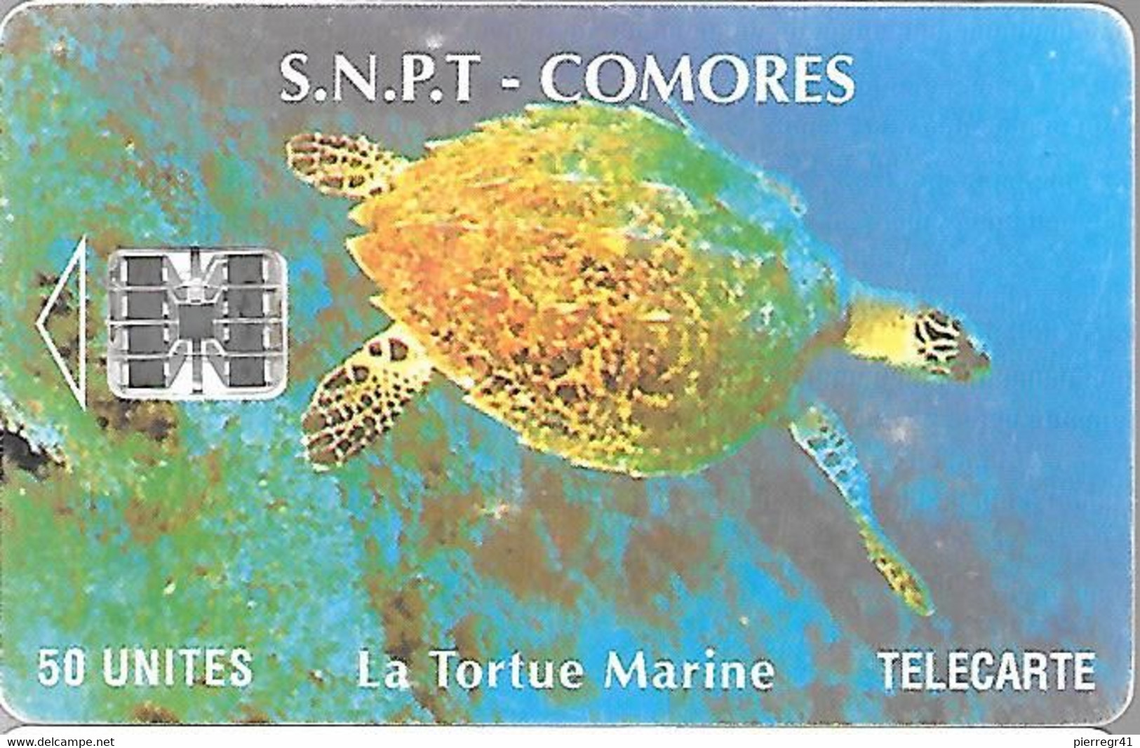 CARTE-PUCE-50U-SC7-SNPT COMORES-TORTUE MARINE-UTILISE-V°8 N°ROUGE 00215304-Etroit- V°en Bas A Droite-TBE - Turtles