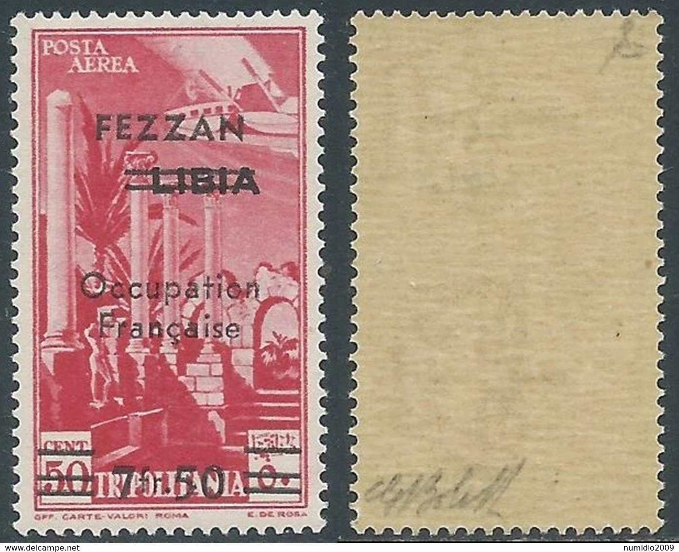 1943 OCC. FRANCESE FEZZAN POSTA AEREA 7,50 F SU 50 CENT CERTIFICATO MNH ** - E - Fezzan & Ghadames