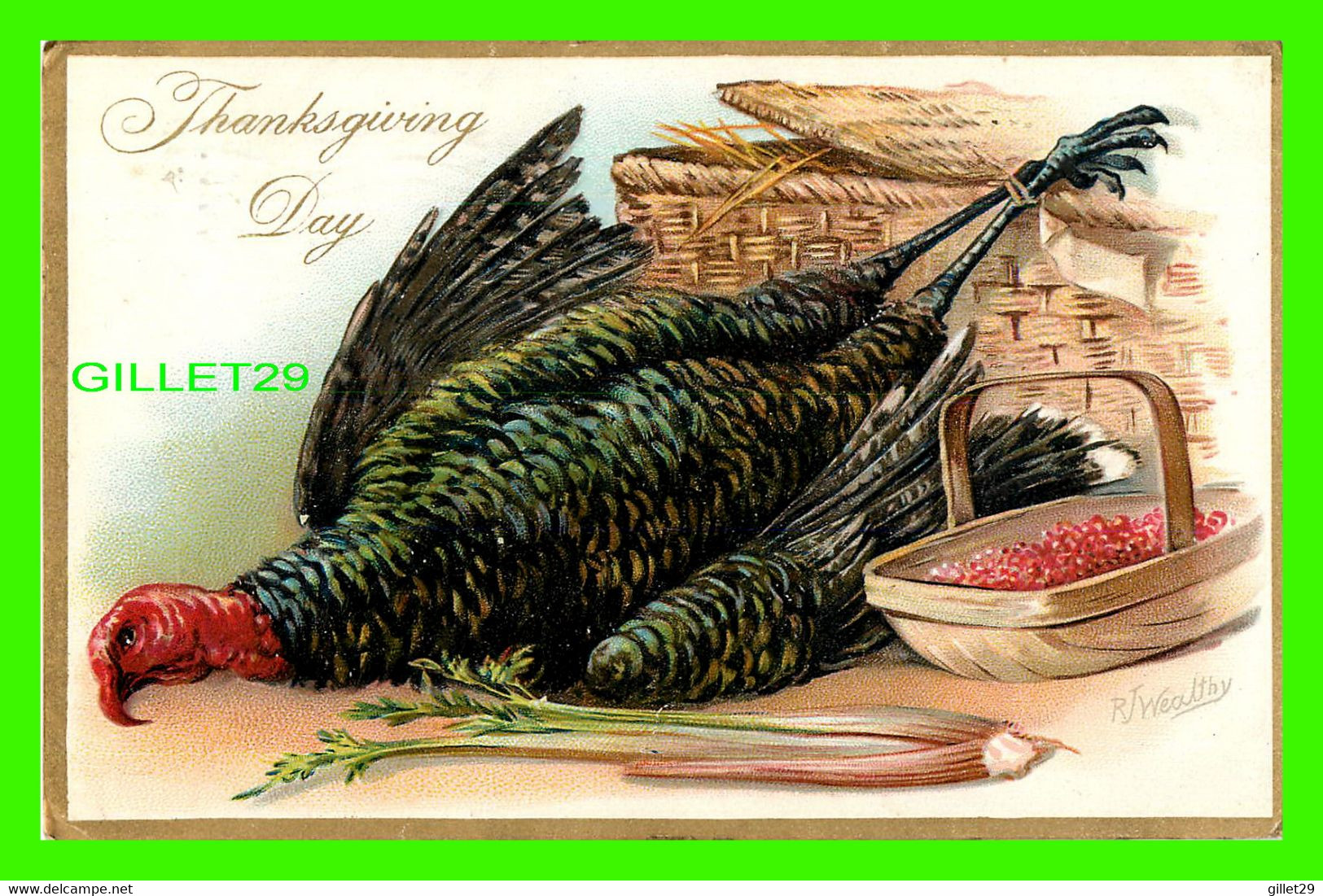 THANKSGIVING DAY - TURKEY - EMBOSSED - TRAVEL IN 1910 - DESIGN BY R. T. WEALTHY - RAPHAEL TUCK & SONS - - Thanksgiving