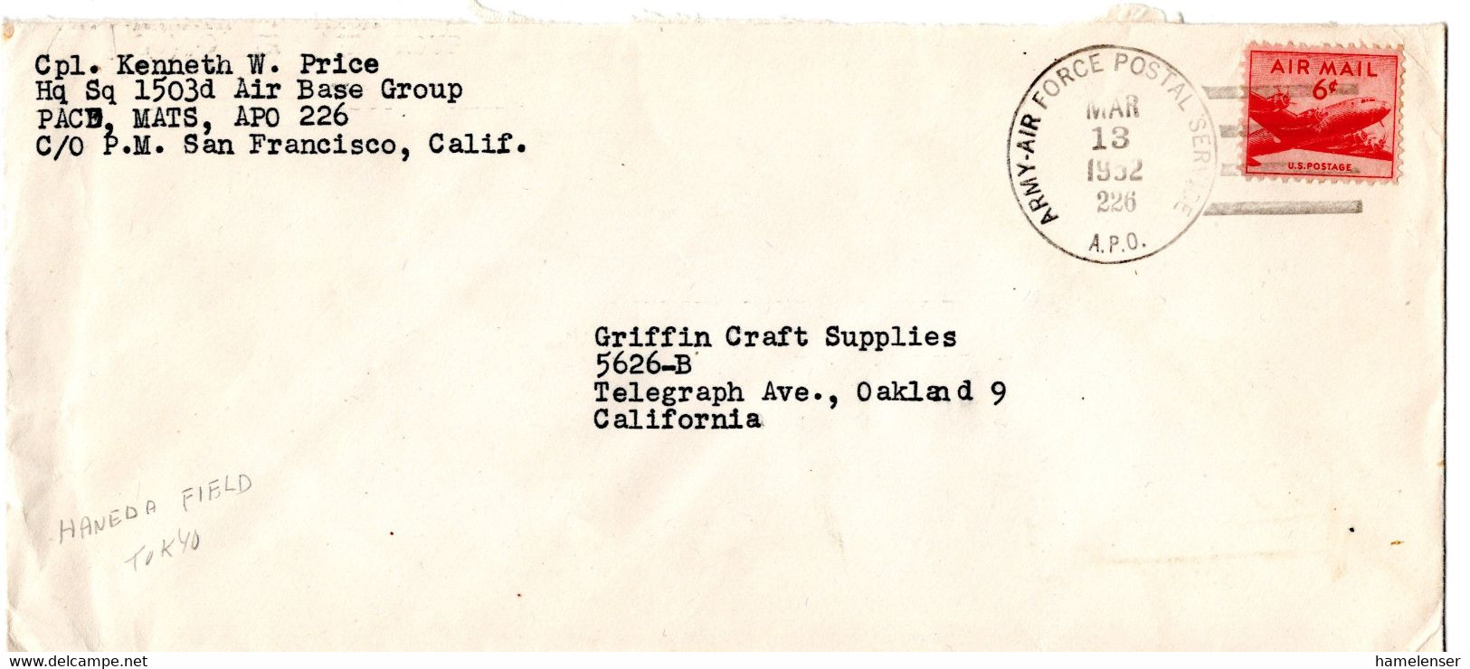 L32645 - USA - 1952 - 6￠Luftpost EF A. Bf. APO 226 (Haneda, Japan) -> Oakland, CA - Brieven En Documenten