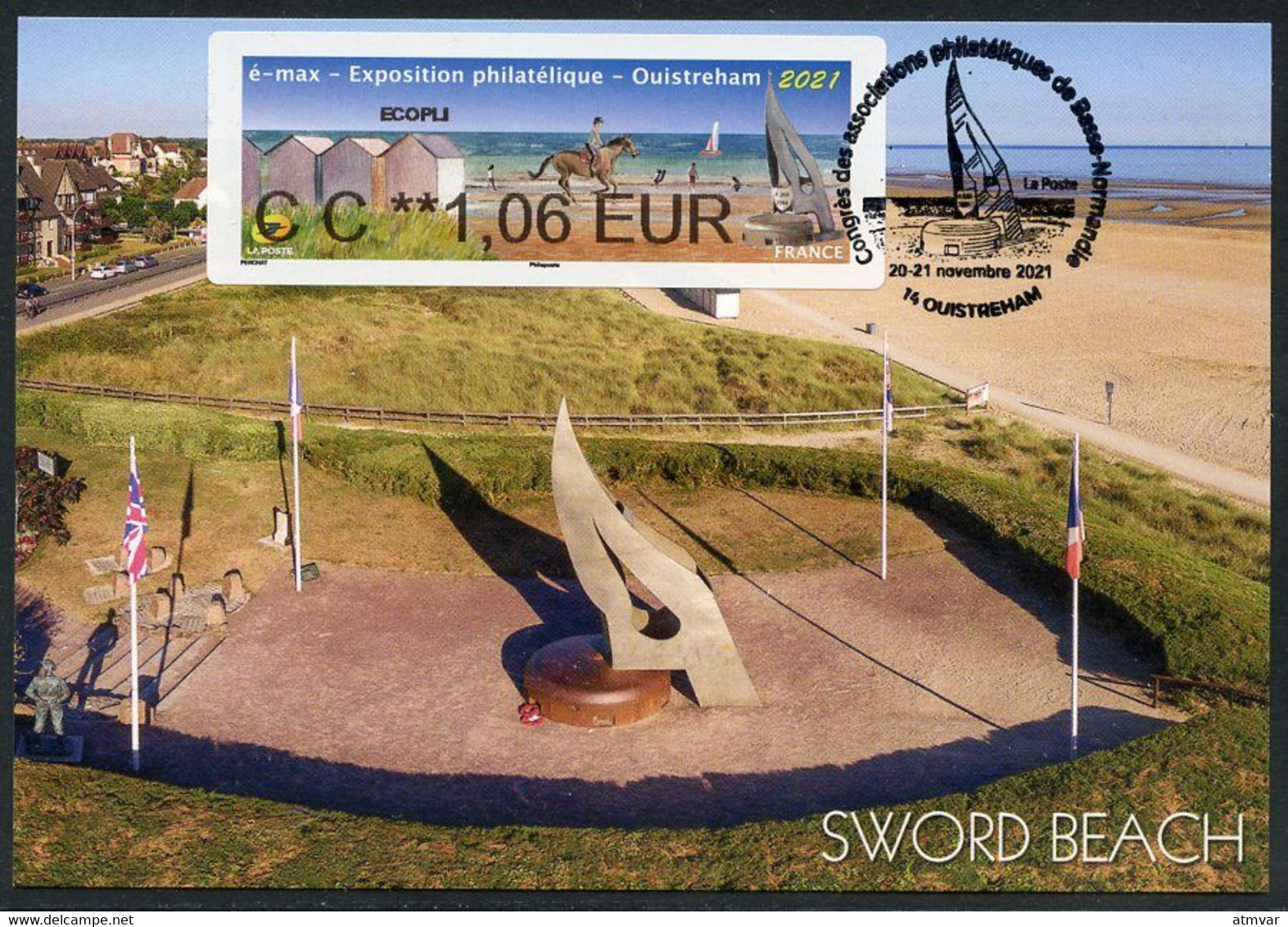 FRANCE (2021) Carte Maximum Card ATM LISA é-max Exposition Philatélique Ouistreham - Monument Flamme, War Memorial Sword - 2020-…