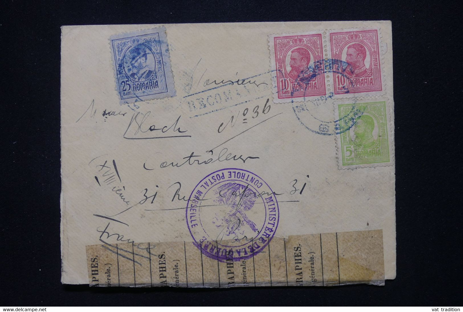 ROUMANIE - Enveloppe Cachetée En Recommandé Pour Paris En 1915 Avec Contrôle Postal De Marseille - L 110899 - Storia Postale