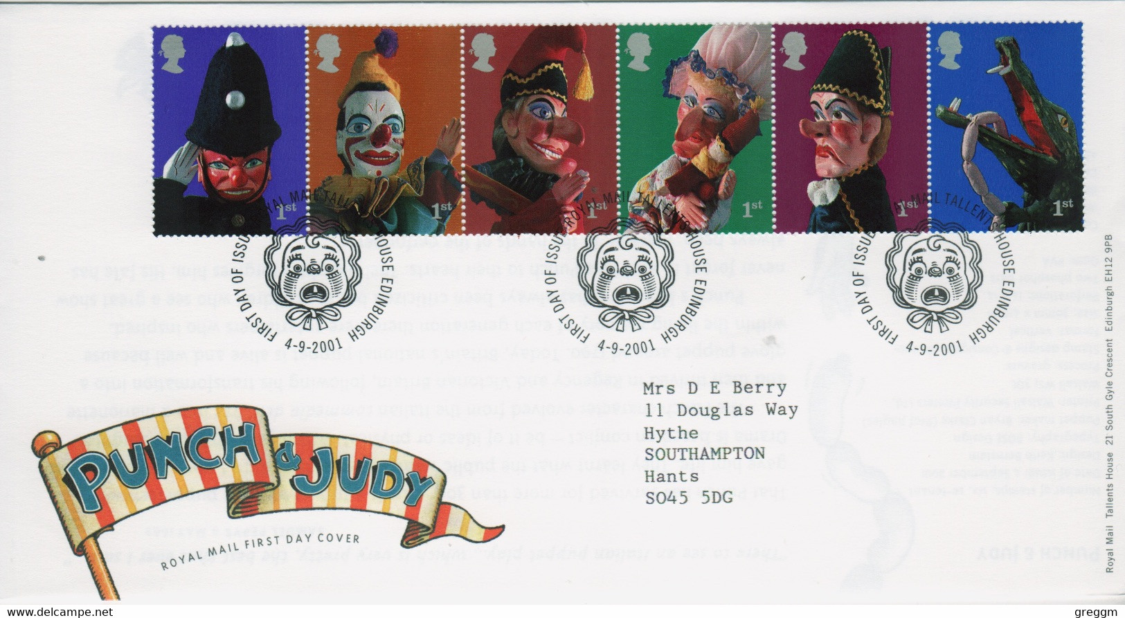 GB First Day Cover To Celebrate Punch And Judy  2001 - 2001-2010 Em. Décimales