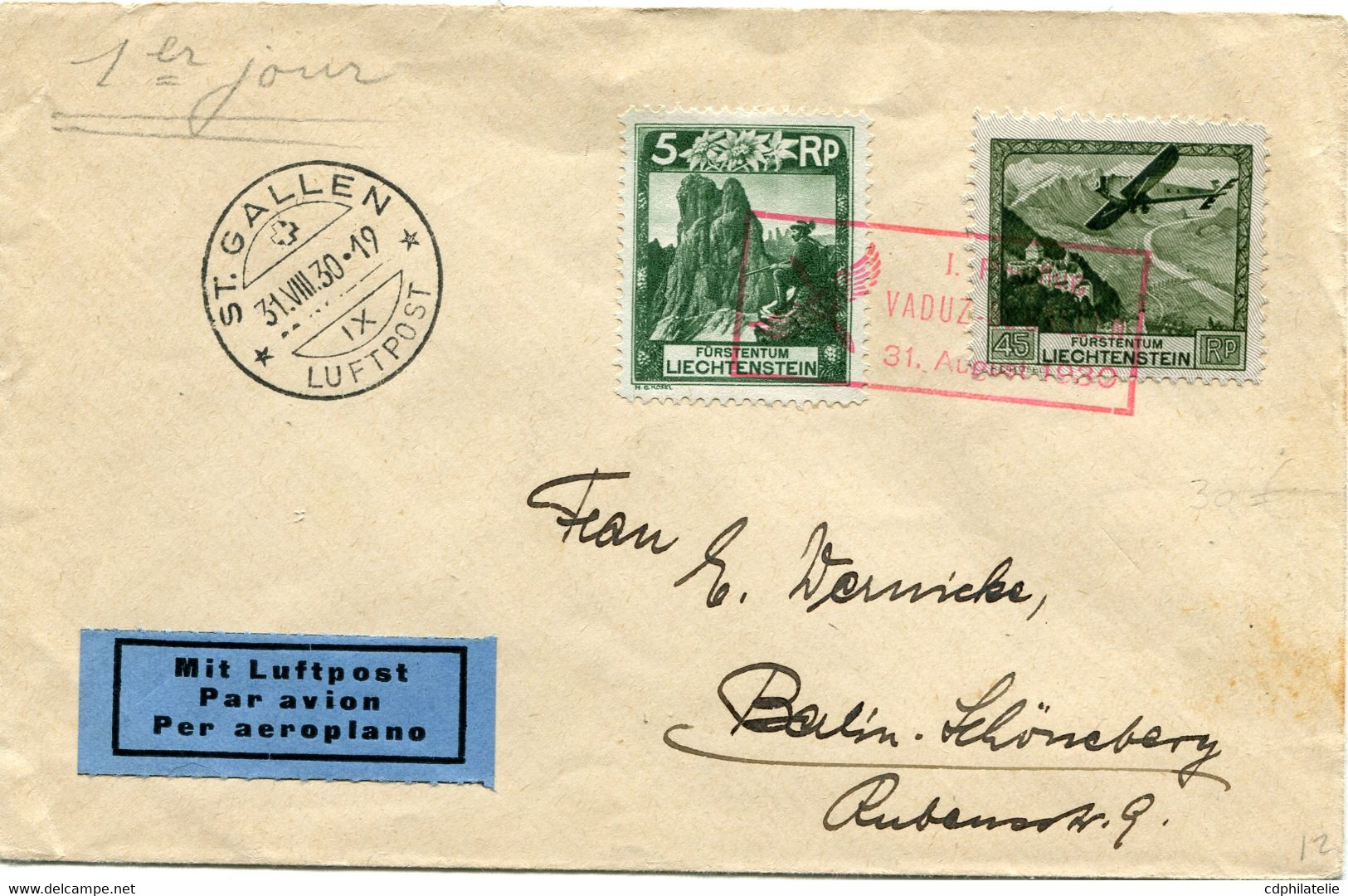 LIECHTENSTEIN LETTRE PAR AVION DEPART POSTFLUG VADUZ-ST GALLEN 31 AUGUST 1930 POUR LE LIECHTENSTEIN - Luftpost