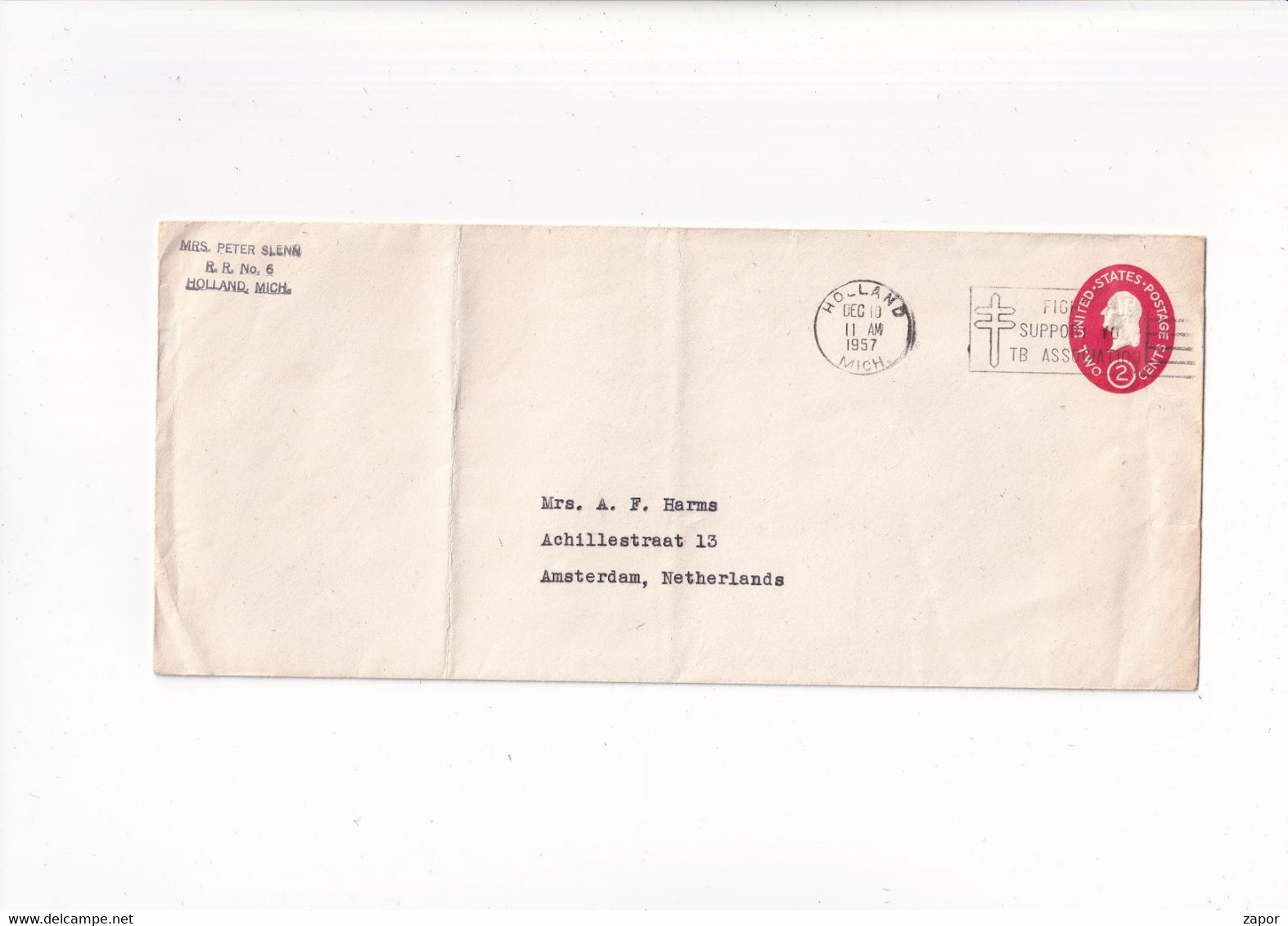 Used Envelope - Holland Michigan - 1957 - To Amsterdam - 1941-60