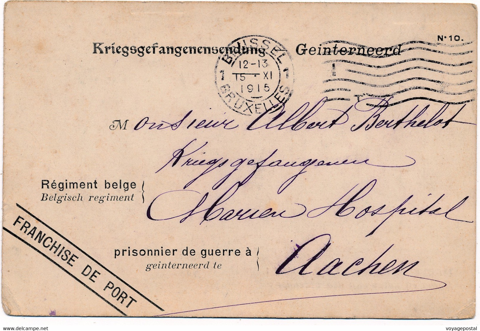 CARTE PRISONNIER BELGE BRUSSEL BRUXELLES HOPITAL AACHEN GERMANY WWI BELGIQUE - Armée Belge