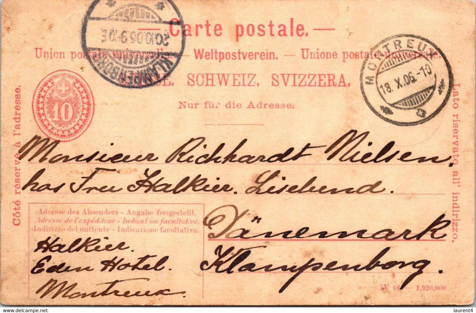 (4 C 8) Very Old SWITZERLAND - Carte Postale - Posted 18 X 1906 - From Montreux To Klanpenborg - Other & Unclassified