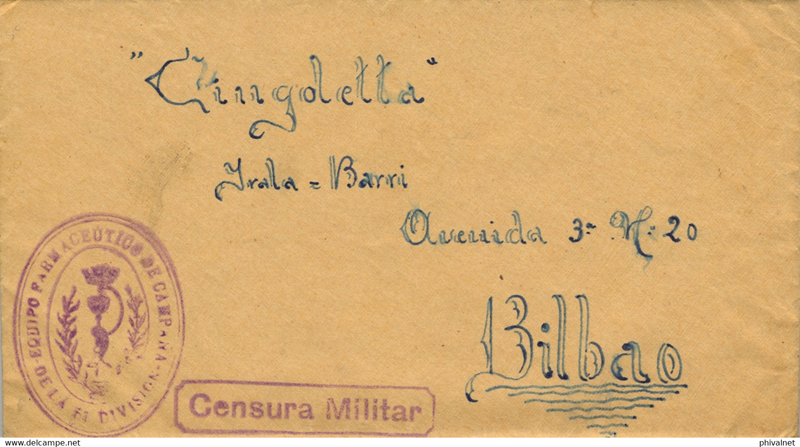 1939  , DESDE EL FRENTE A BILBAO , CENSURA MILITAR , FRANQUICIA " EQUIPO FARMACEÚTICO DE CAMPAÑA DE LA 51º DIVISIÓN - Lettres & Documents