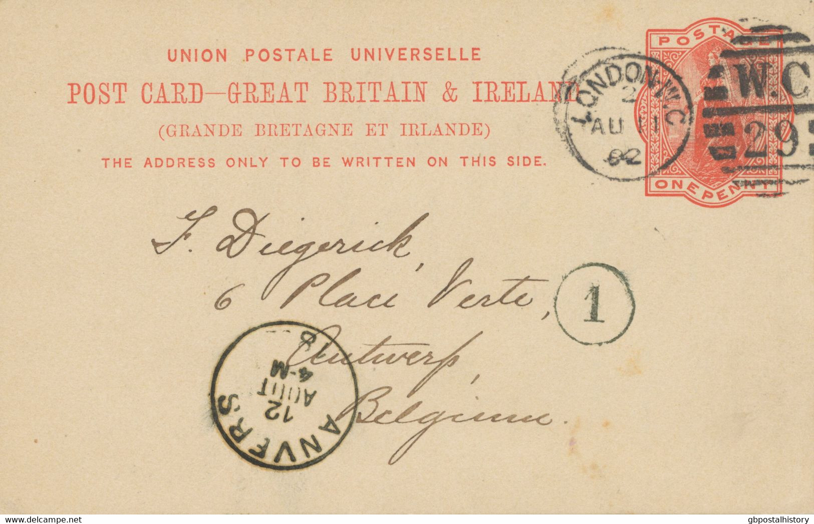 GB 1892 QV 1d Orangered Superb Postcard With Barred Duplex-cancel "LONDON-W.C. / W.C / 29" NEW LATEST USAGE - Storia Postale