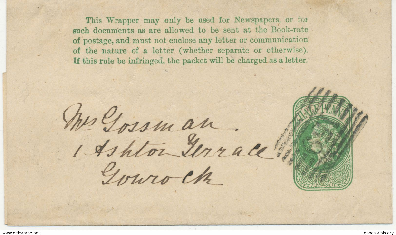 GB „159“ Scottish Numeral (GLASGOW 9 Bars) Cristal Clear Superb QV Half Penny Green Postal Stationery Wrapper To GOUROCK - Cartas & Documentos