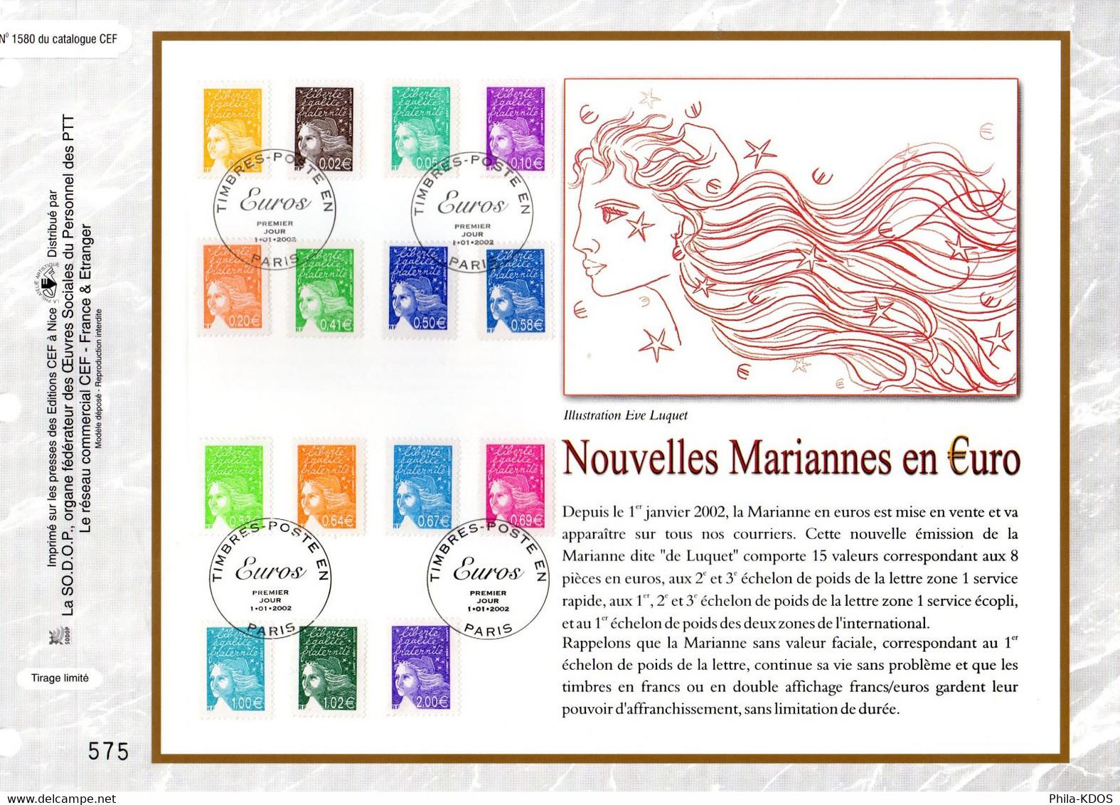 Faciale > 8.5 €  MARIANNE DU 14 JUILLET Sur Feuillet CEF 1er Jour N°té De 2002 N°YT 3443 à 57 Parf état FDC - 1997-2004 Marianne Van De 14de Juli