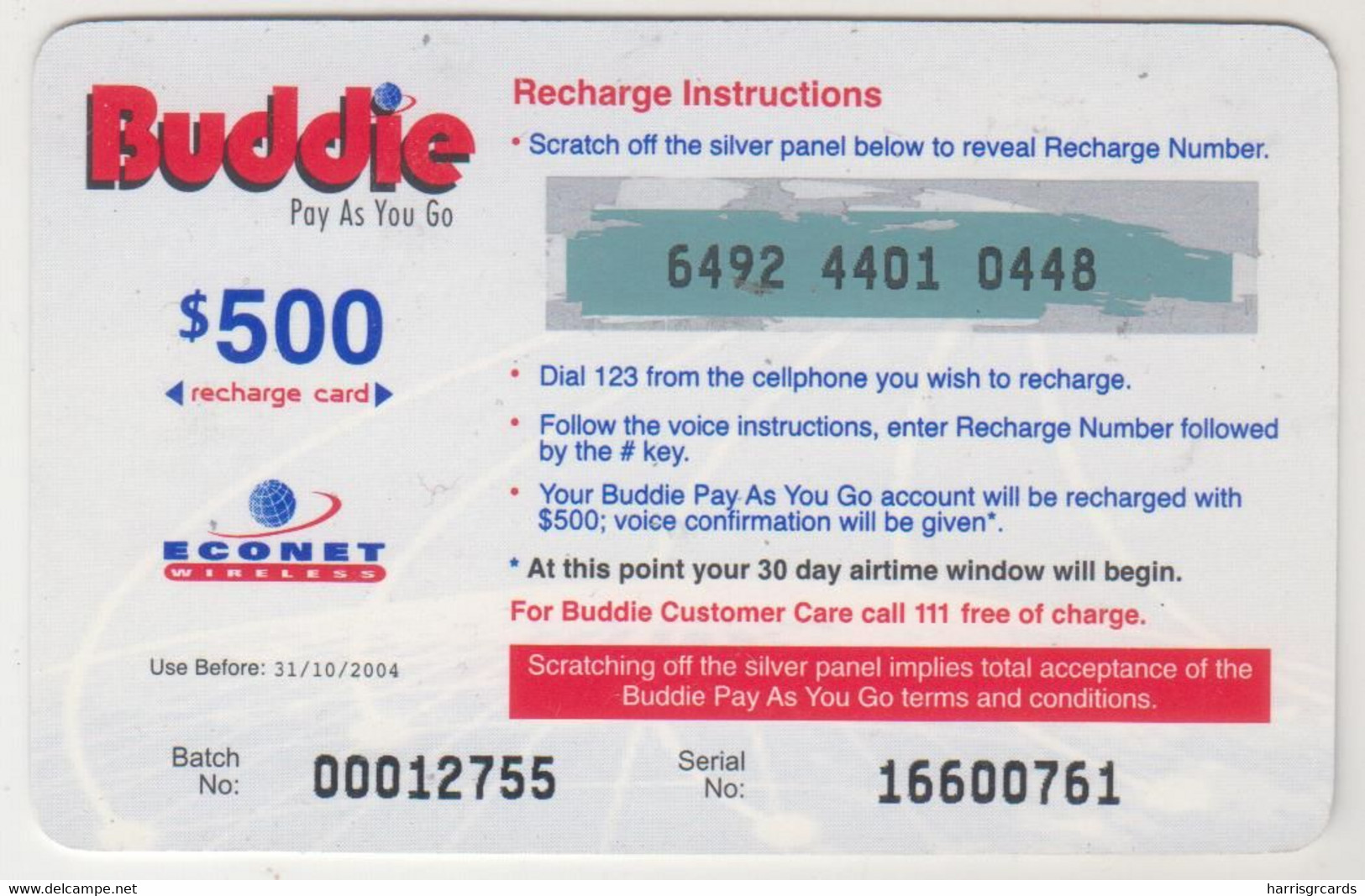 ZIMBABWE - Buddie Pay As You Go, Z$500, Exp.date  31/10/2004, Used - Zimbabwe