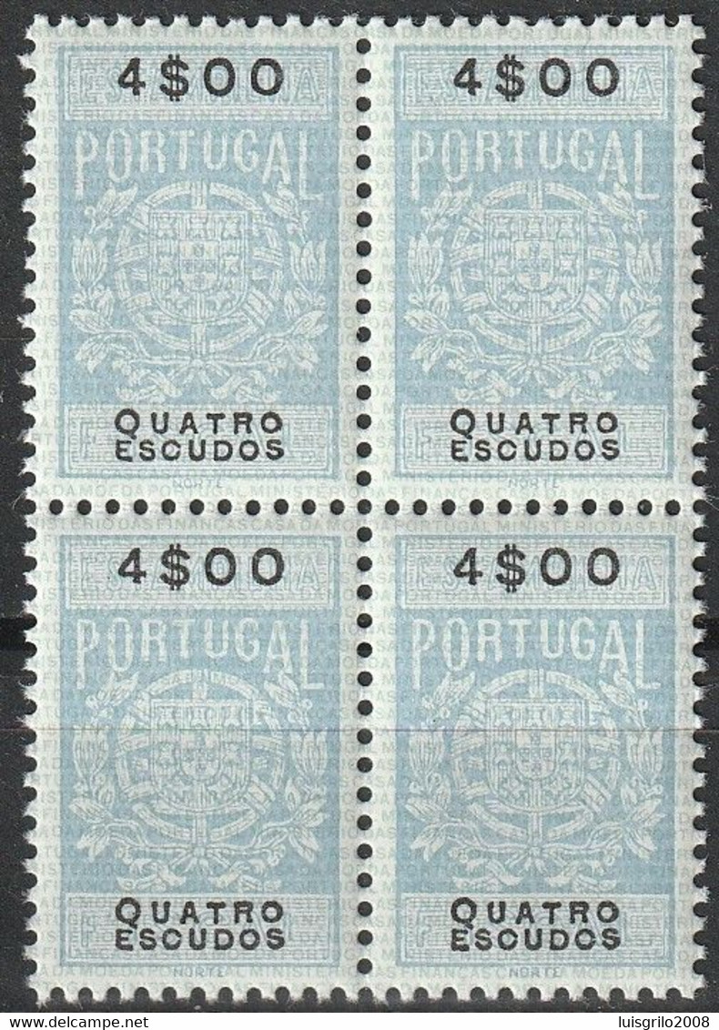 Fiscal/ Revenue, Portugal - Estampilha Fiscal, Série De 1940 -|- 4$00 - Block MNH** - Ongebruikt