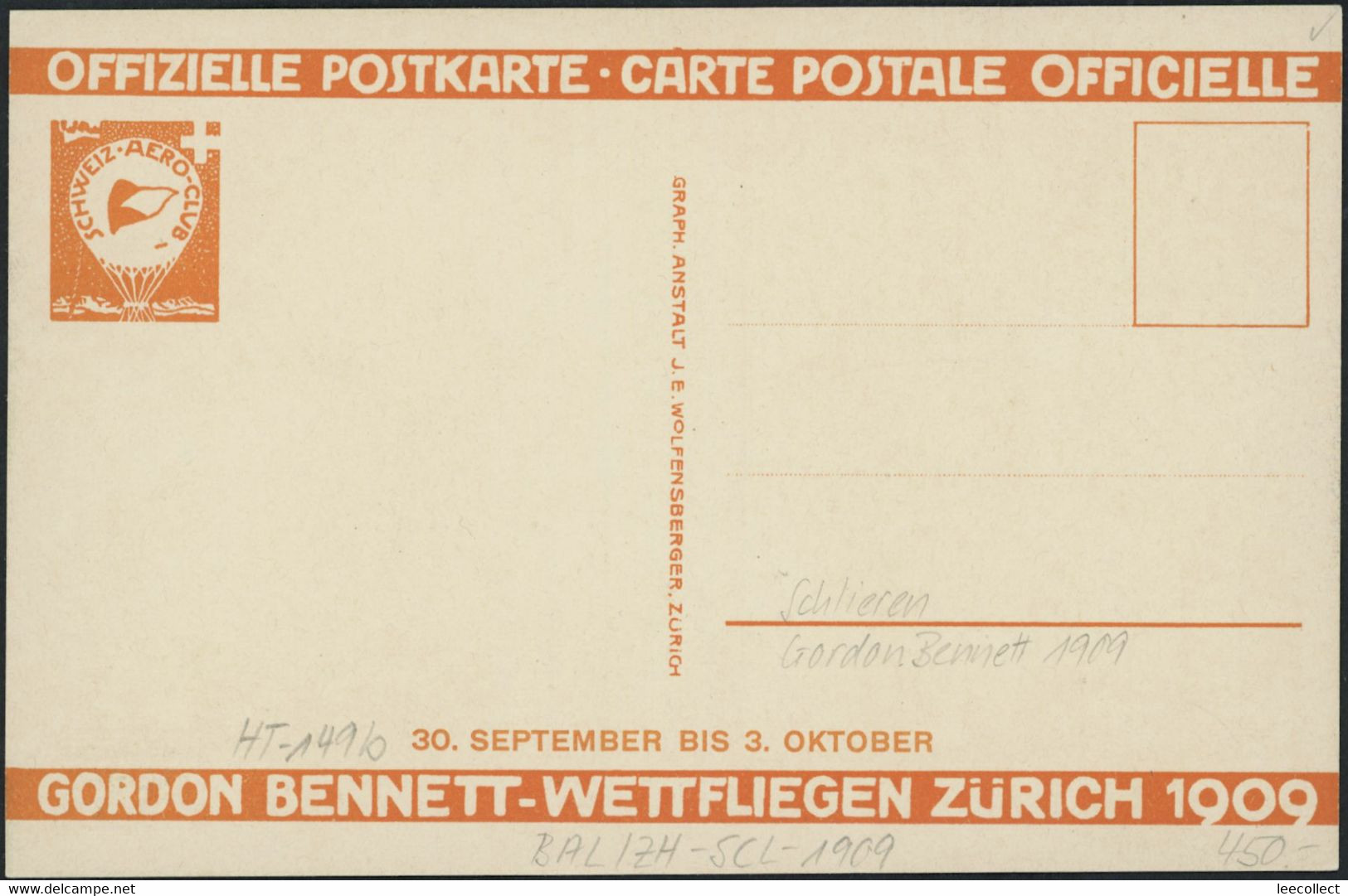 Suisse - ZH Schlieren - Zürich - Ballon - Gordon Bennett 1909 - Litho