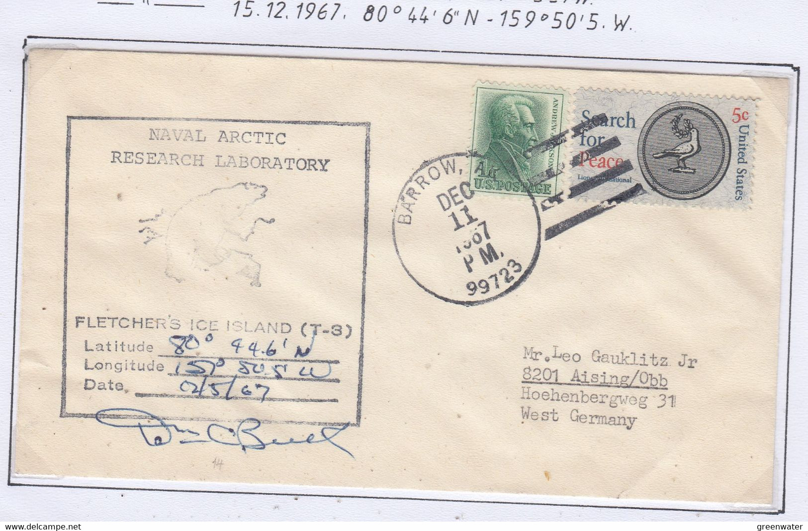 USA Driftstation ICE-ISLAND T-3 Cover Ca Fletcher's  Ice Island T-3 Periode 4 Ca  DEC 11 1967 Signature  (DR126A) - Estaciones Científicas Y Estaciones Del Ártico A La Deriva