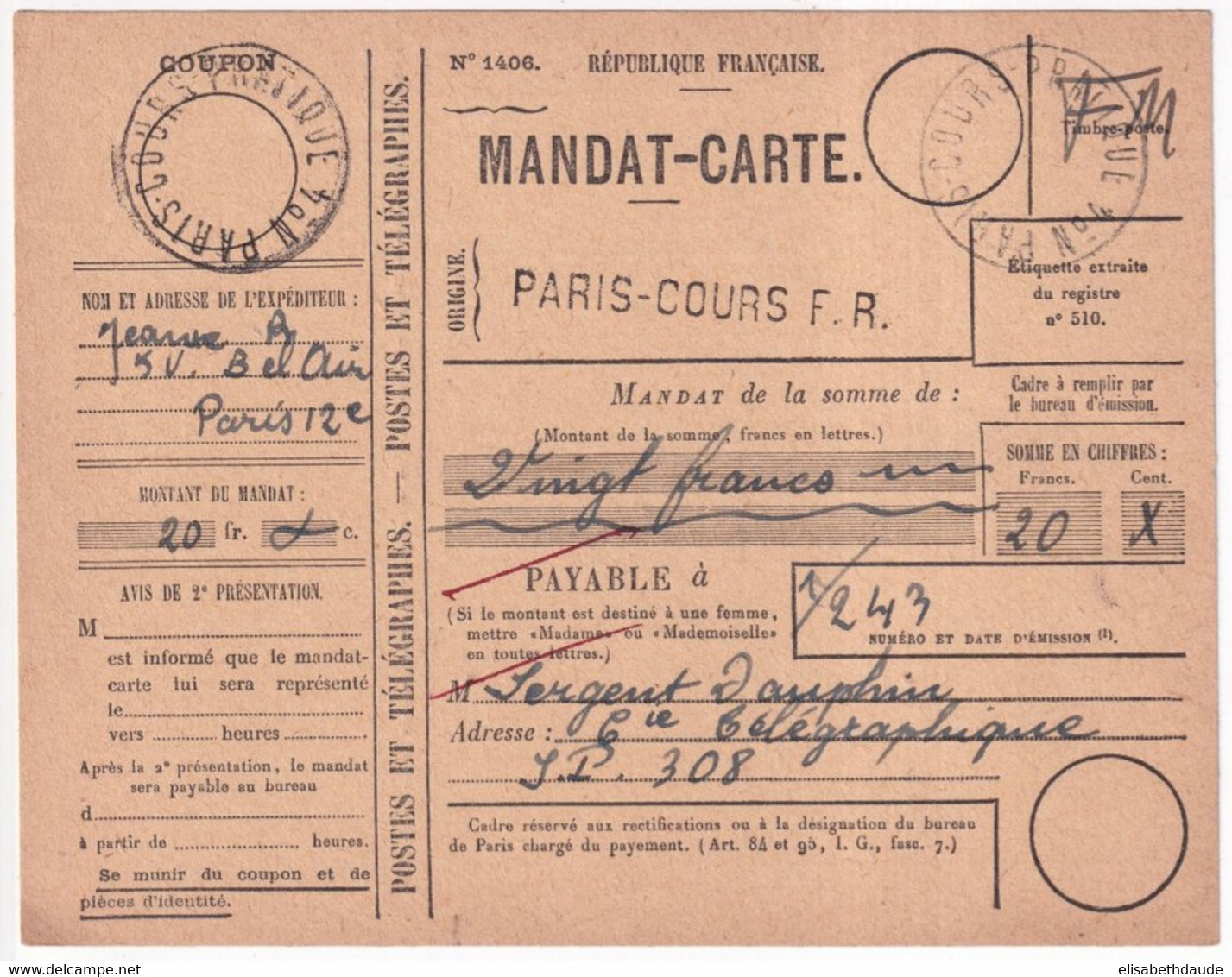 COURS D'INSTRUCTION - RARE MANDAT-CARTE FM ! COURS PRATIQUE N°4 à PARIS => TELEGRAPHE SP 308 - Lehrkurse