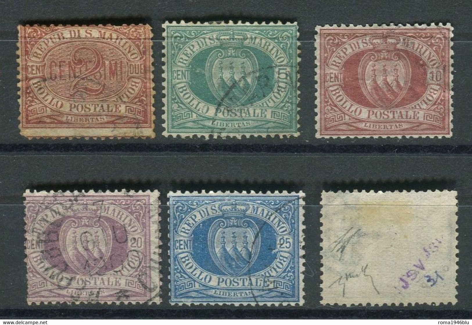 SAN MARINO 1894 CIFRA E STEMMI 6 VALORI USATI FIRMATA ALBERTO DIENA - Used Stamps