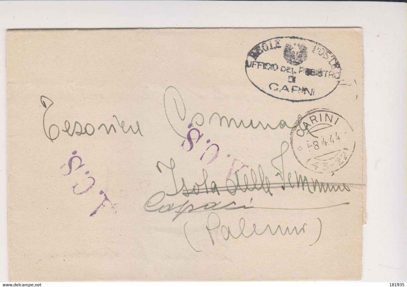 Amgot Franchigia Carini 8.4..1944- Viaggiata Italy Italia - Britisch-am. Bes.: Sizilien