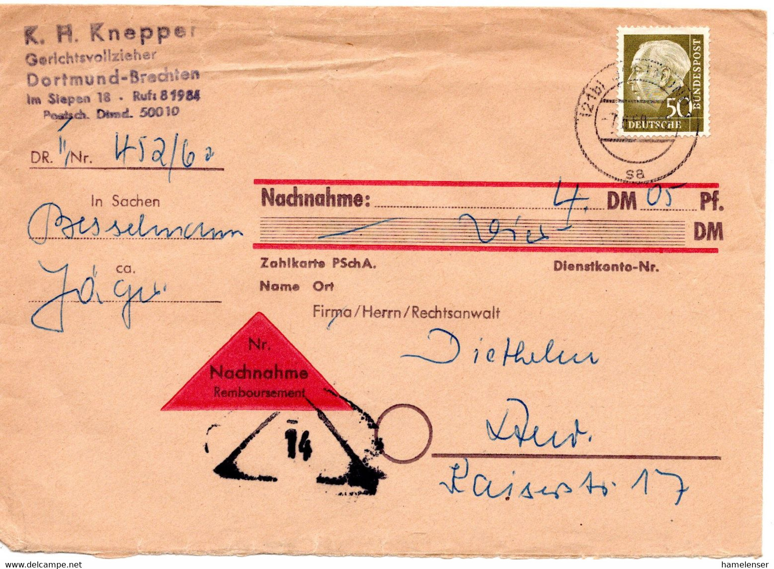 55412 - Bund - 1960 - 50Pfg. Heuss II A. NN-Bf. Innerhalb V. DORTMUND - Covers & Documents