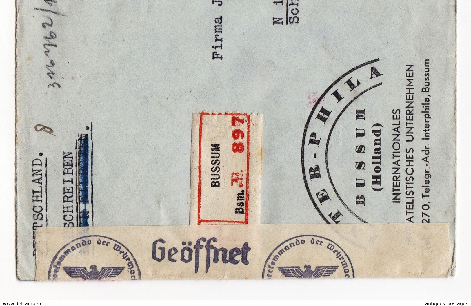 Registered Bussum 1943 Nederland Inter Phila Niebüll Schleswig-Holstein Censor WW2 Europese P.T.T. Vereniging - Postal History