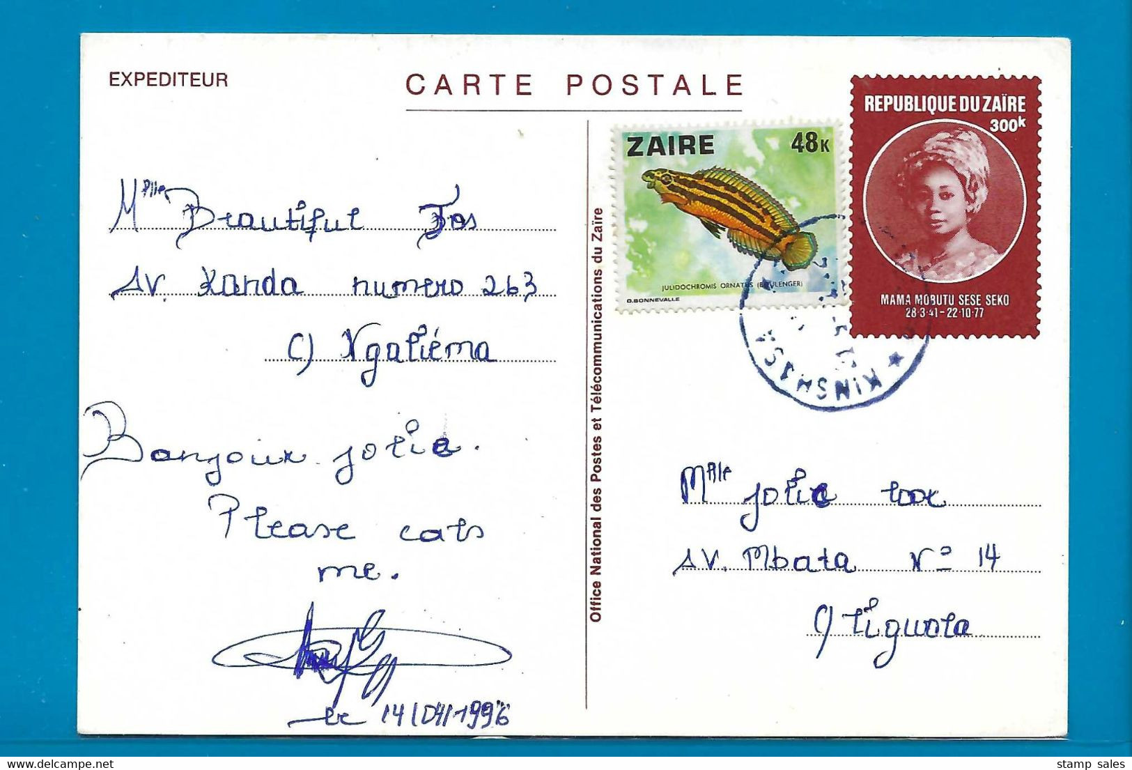 Zaïre Carte Postale Vanuit Ngaliema Naar Ligwola 1996 UNG - Gebraucht