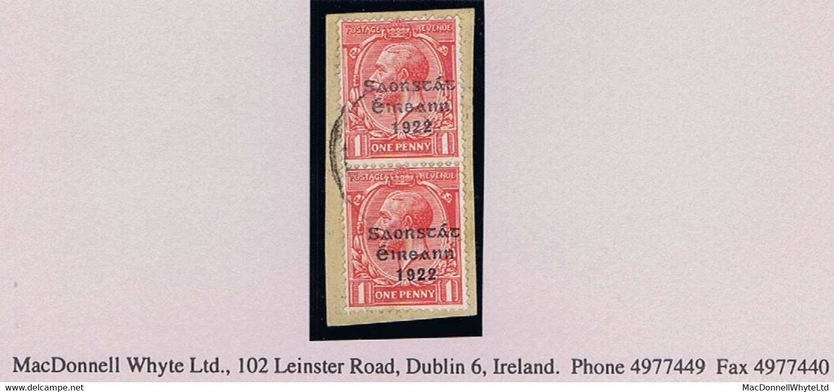 Ireland 1922-23 Thom Saorstat 3-line Overprint On 1d, Pale Dull Black Overprint, Pair Used On Piece, Light Cds Cancel - Gebraucht