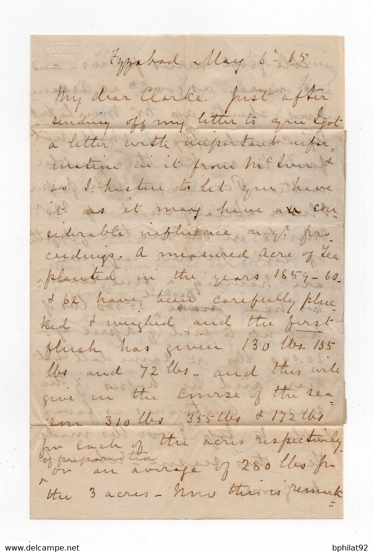 !!! INDE ANGLAISE, LETTRE DE FYZABAD DE 1865 POUR LE SURREY, AVEC TEXTE, AFFRANCH TRICOLORE. ARCHIVE CLARKE - 1858-79 Compagnia Delle Indie E Regno Della Regina