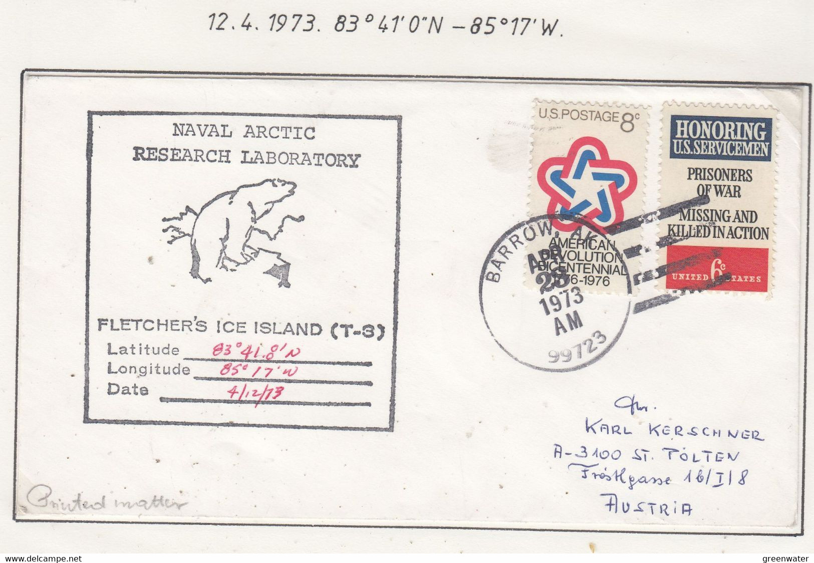 USA Driftstation ICE-ISLAND T-3 Cover Fletcher's Ice Island T-3 Periode 4 Ca APR 28 1973 (DR138C) - Estaciones Científicas Y Estaciones Del Ártico A La Deriva