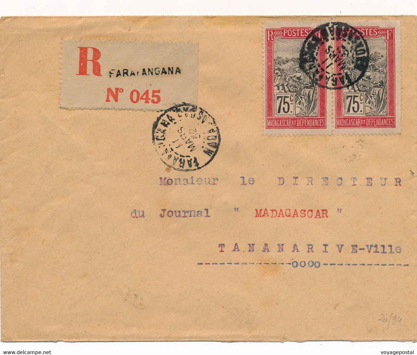 LETTRE RECOMMANDÉE MADAGASCAR FARAFANGANA 75C PAIRE POUR TANANARIVE - Briefe U. Dokumente