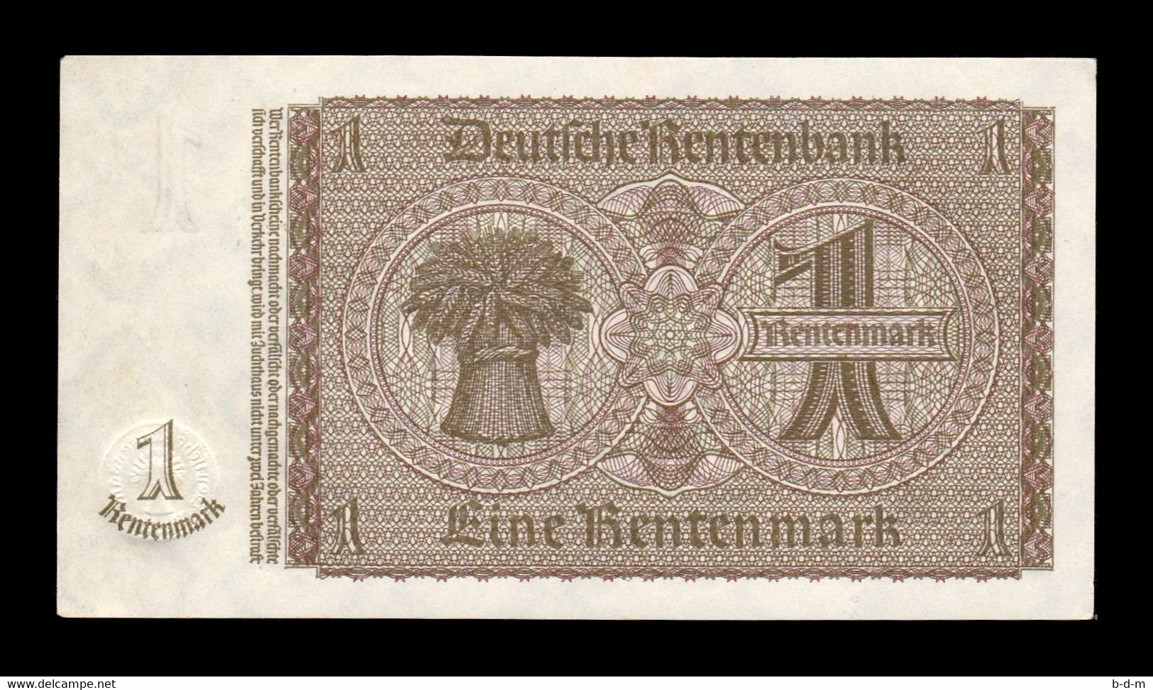 Alemania Germany 1 Rentenmark 1937 Pick 173b Sc- AUnc - 1 Rentenmark