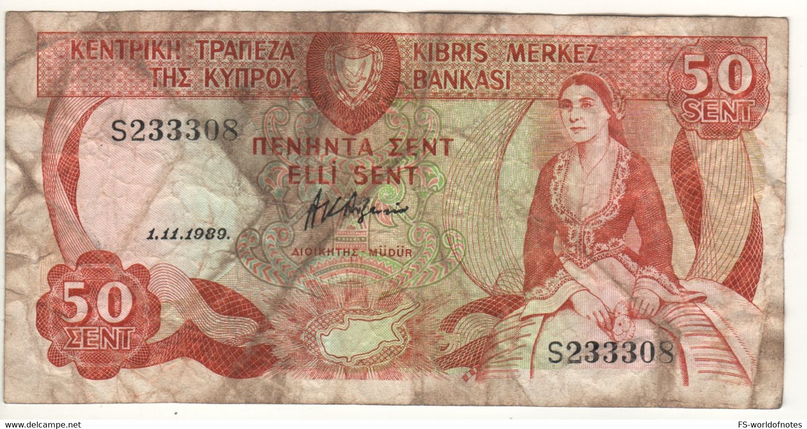 CYPRUS   50 Cents      P52      1.11.1989   ( Woman In Local Costum + Yermasoyia Dam At Back ) - Cyprus