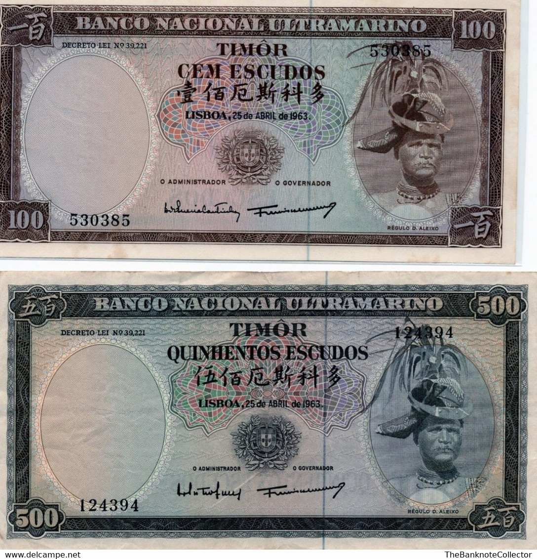 Timor 20 50 100 And 500 Escudos 1963-1967 Series 4 Pieces SET  500 Escudos -VF, Others  UNC  Foxing - Timor