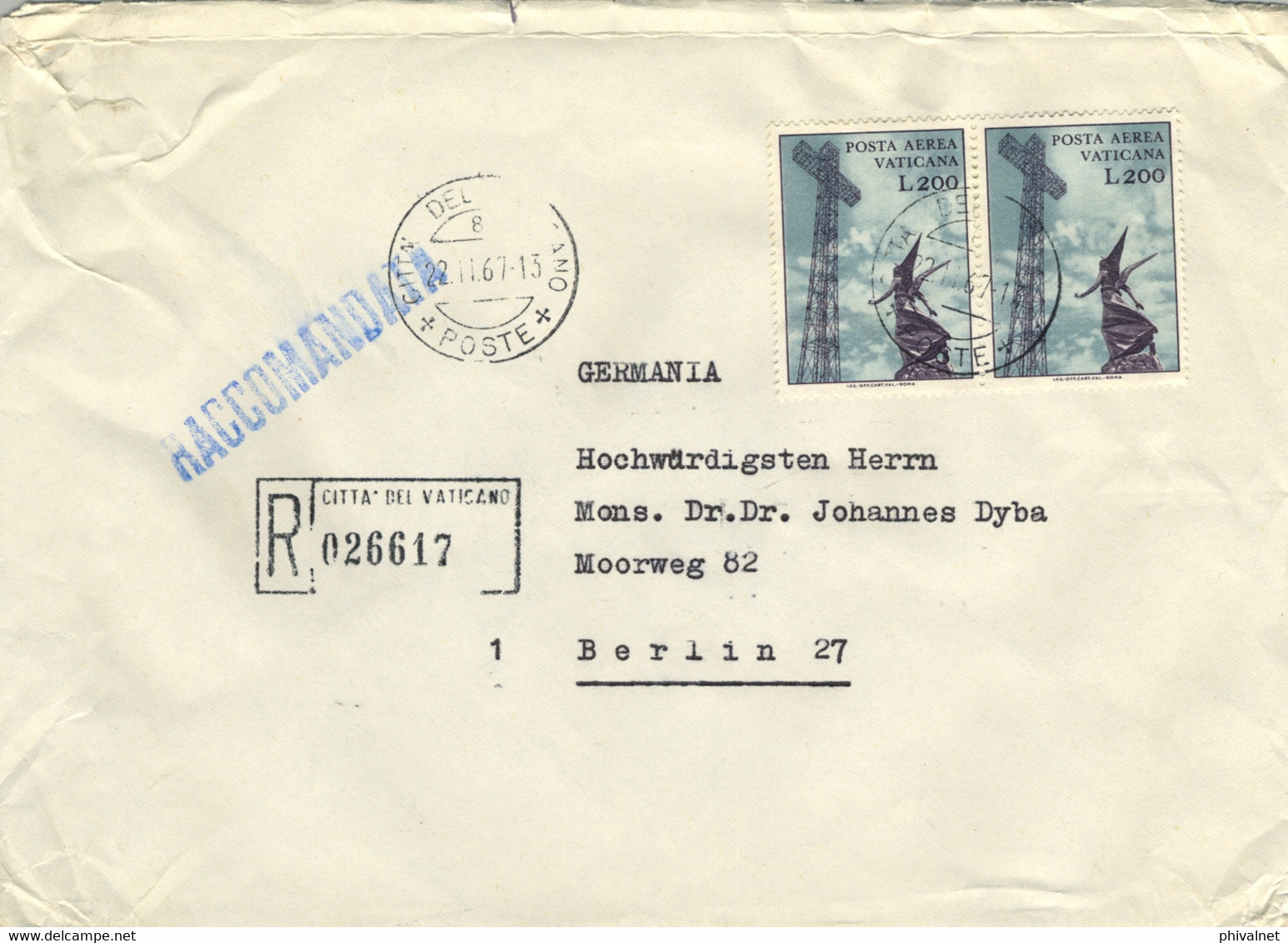 1967 , VATICANO / VATICANE - SOBRE CERTIFICADO A BERLIN - Covers & Documents