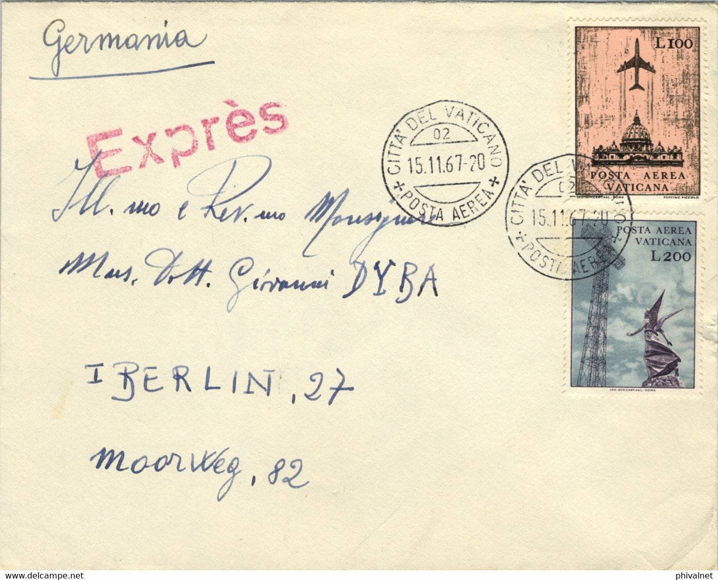 1967 , VATICANO / VATICANE - SOBRE CIRCULADO A BERLIN , CORREO AÉREO EXPRÉS , LLEGADA - Briefe U. Dokumente